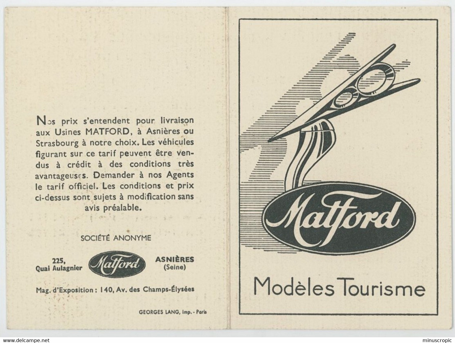 MatFord - Tarifs - Modèles Tourisme - 1937 - Cars