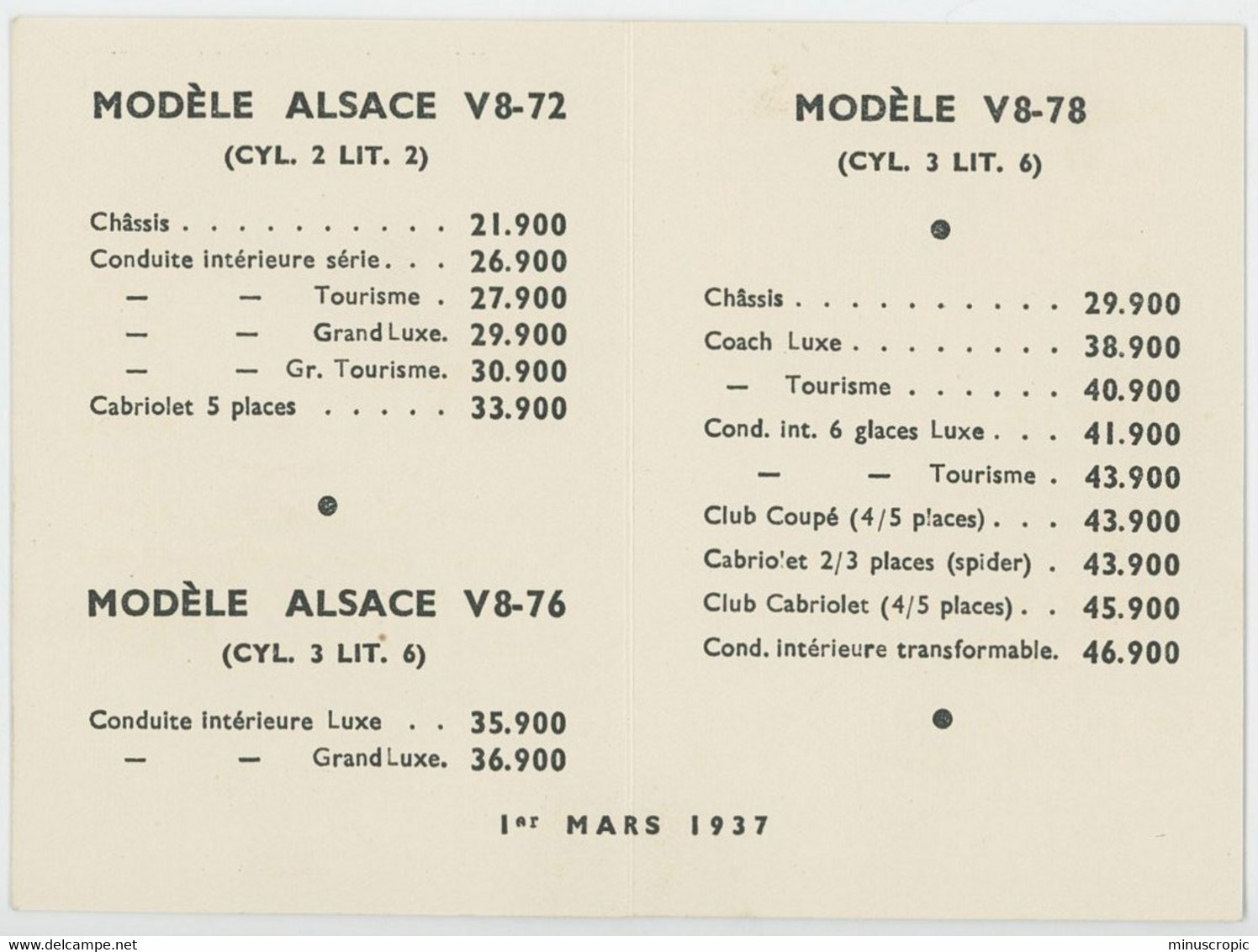 MatFord - Tarifs - Modèles Tourisme - 1937 - Auto's