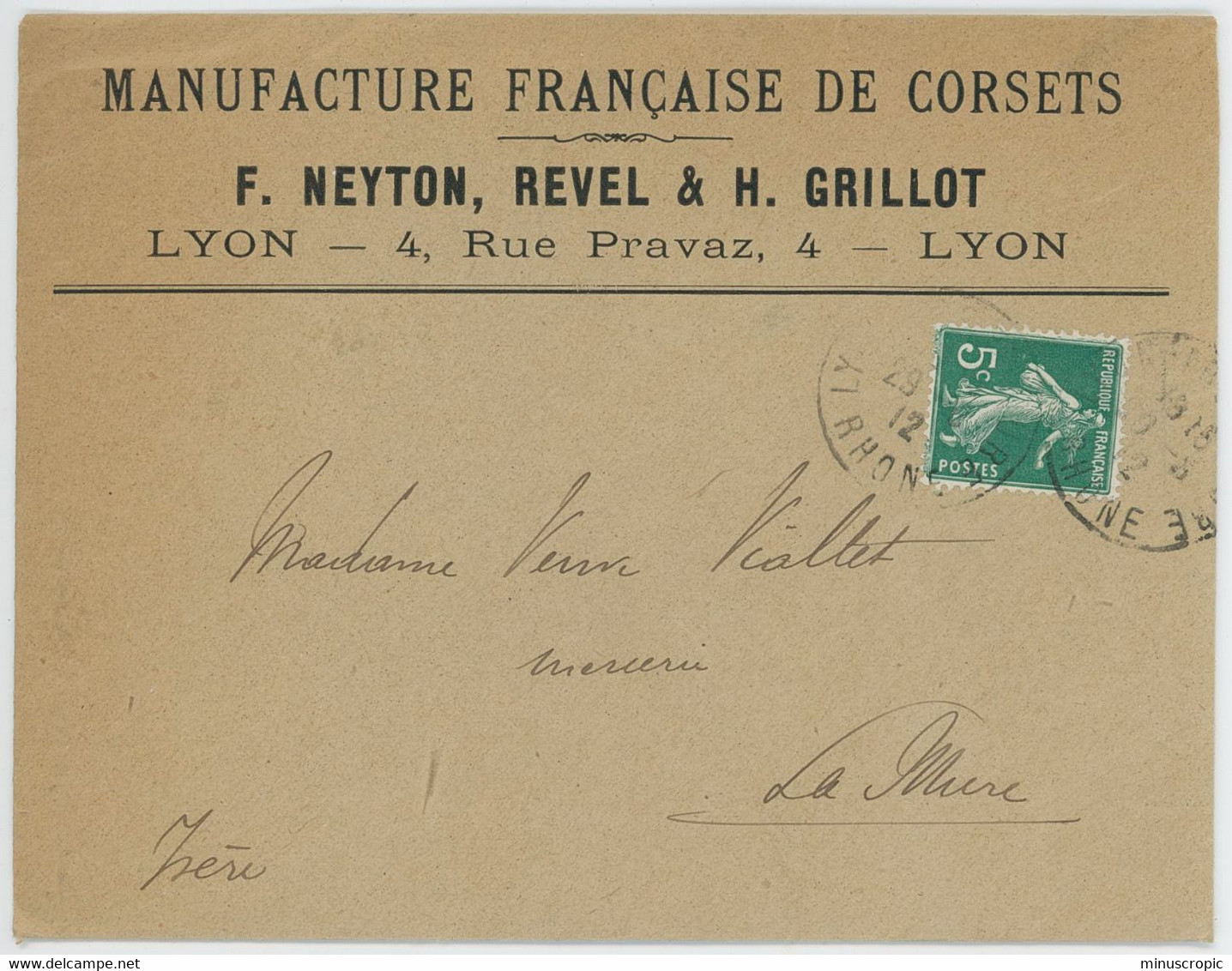 Enveloppe Timbrée + Facture - Manufacture De Corsets - Neyton - Lyon - 1912 - Textile & Clothing