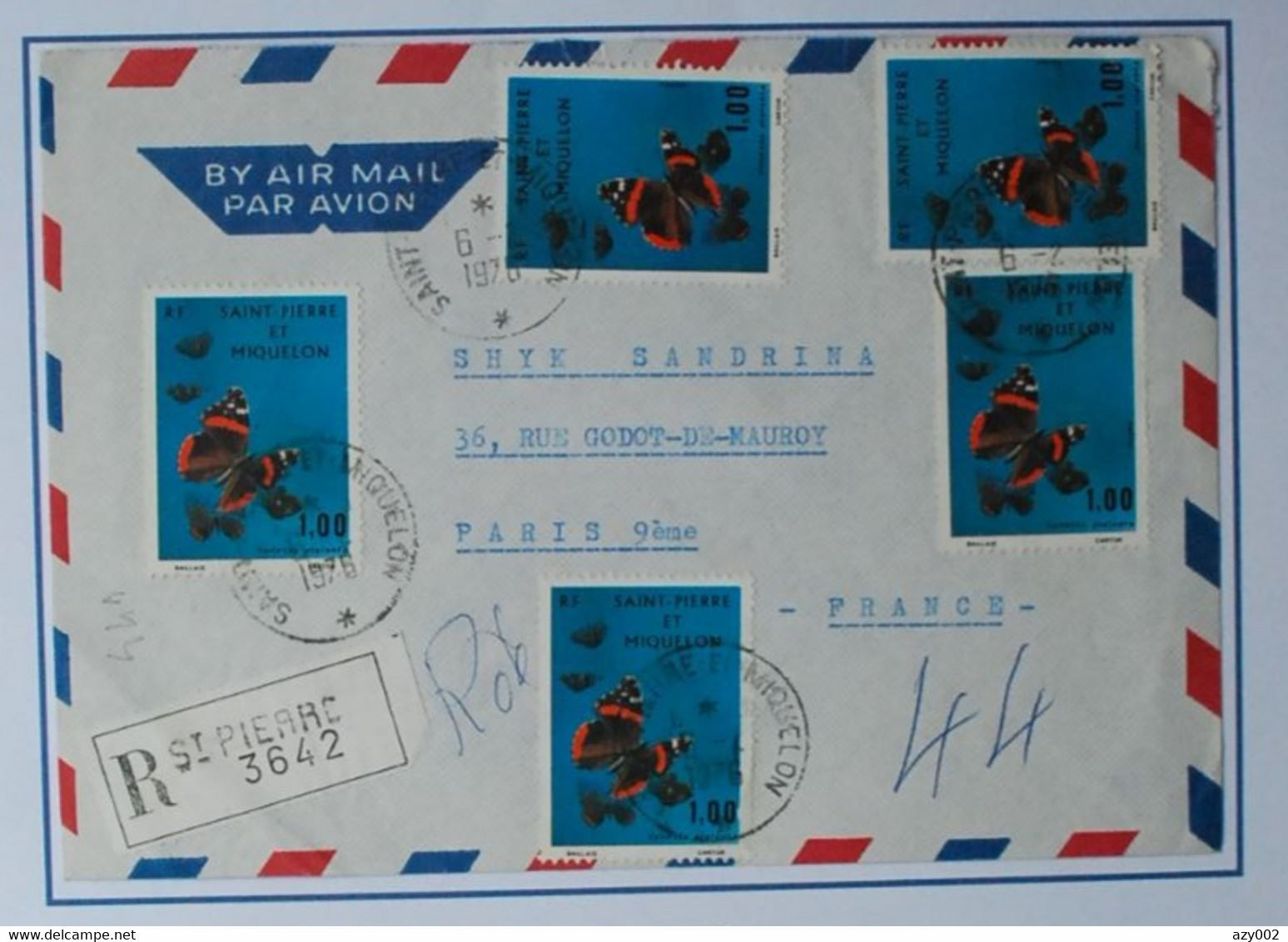 1976 -St PIERRE Et MIQUELON -enveloppe Recommandée Pour PARIS- Affranchie Avec 5 Timbres "Papillons De St Pierre Et M." - Covers & Documents
