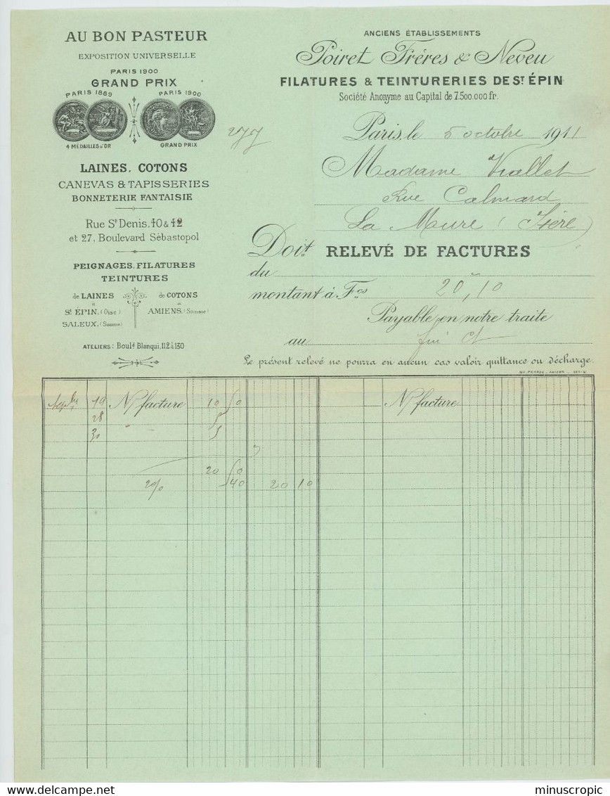Enveloppe Timbrée + Facture - Filatures Et Teintureries - Poiret - Paris - 1911 - Textile & Clothing