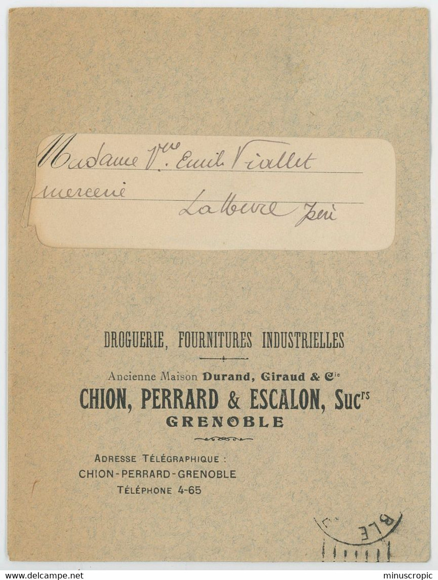 Enveloppe Timbrée + Facture - Droguerie Epicerie - Chion Perrard - Grenoble 1911 - Drogisterij & Parfum