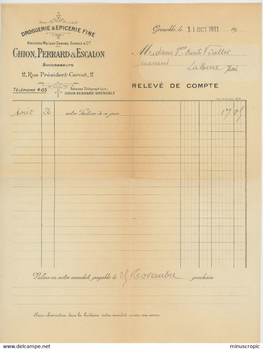 Enveloppe Timbrée + Facture - Droguerie Epicerie - Chion Perrard - Grenoble 1911 - Chemist's (drugstore) & Perfumery