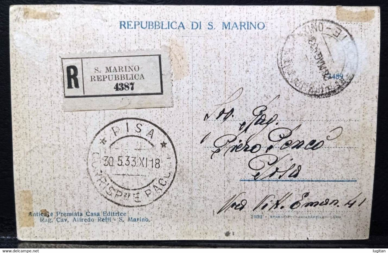 CONVEGNO FILATELICO 1933 SU CARTOLINA DI SAN MARINO RACCOMANDATA - TERRAZZO E TORRE DEL PALAZZO PUBBLICO - Cartas & Documentos