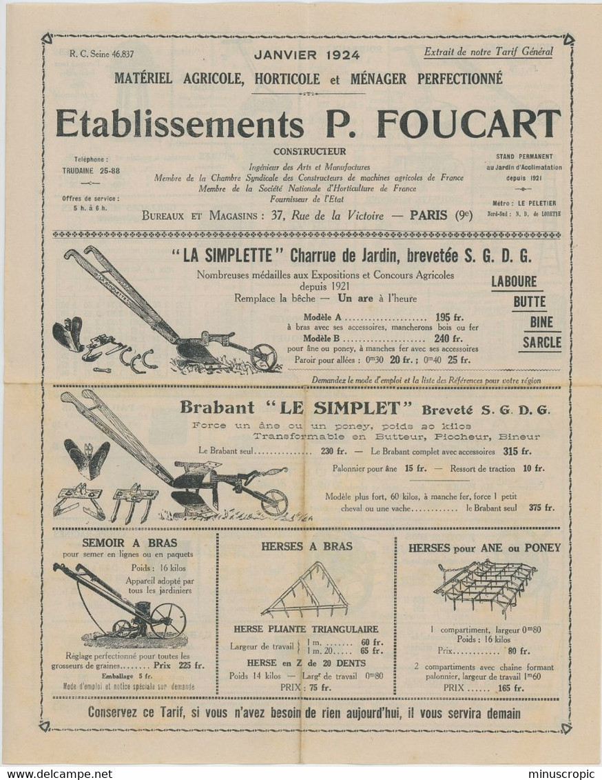 Etablissements Foucart - Paris - Matériel Agricole, Horticole Et Ménager - 1924 - Agricultura