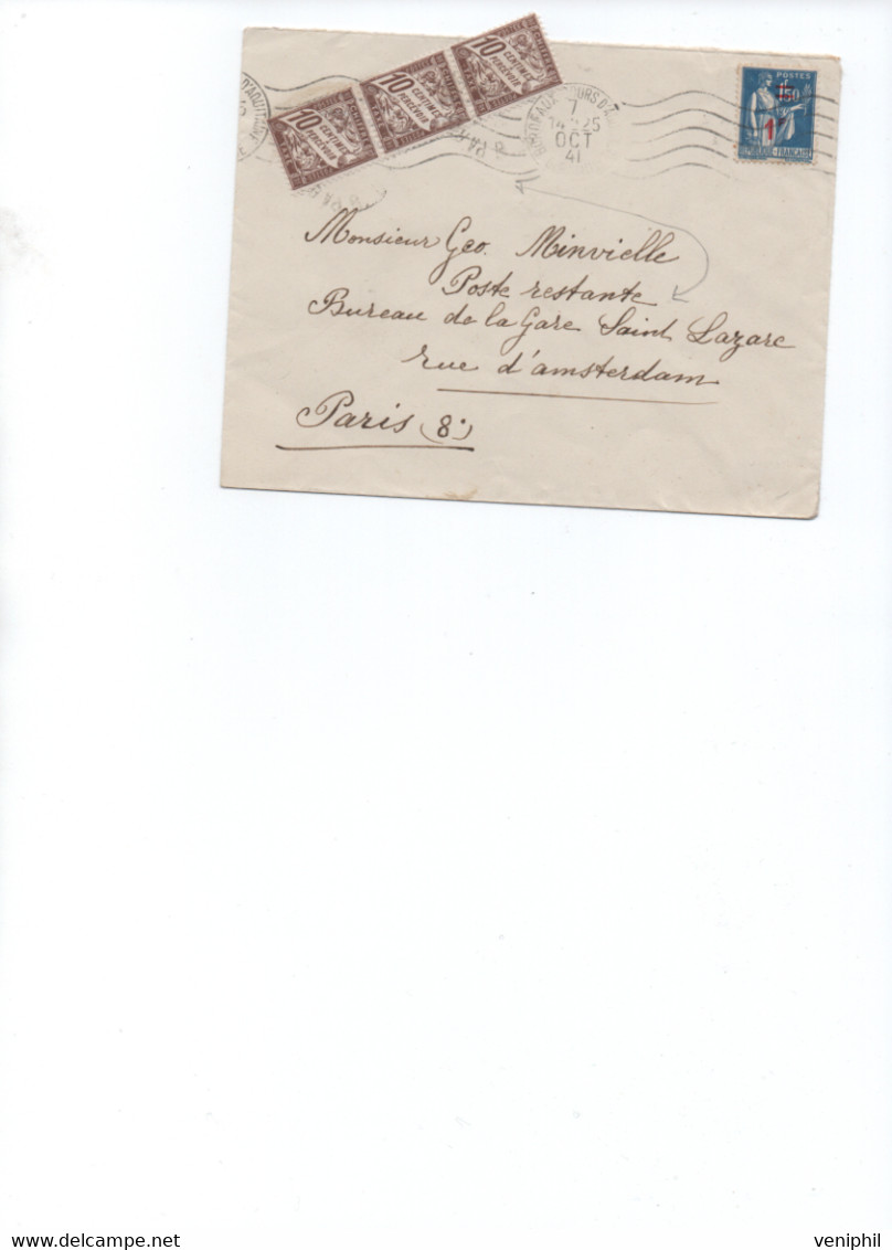 LETTRE TAXEE 30 C AVEC N° 29 + N° 425 OBLITEREE CAD BORDEAUX OCT 1941 - TTB - 1859-1959 Lettres & Documents