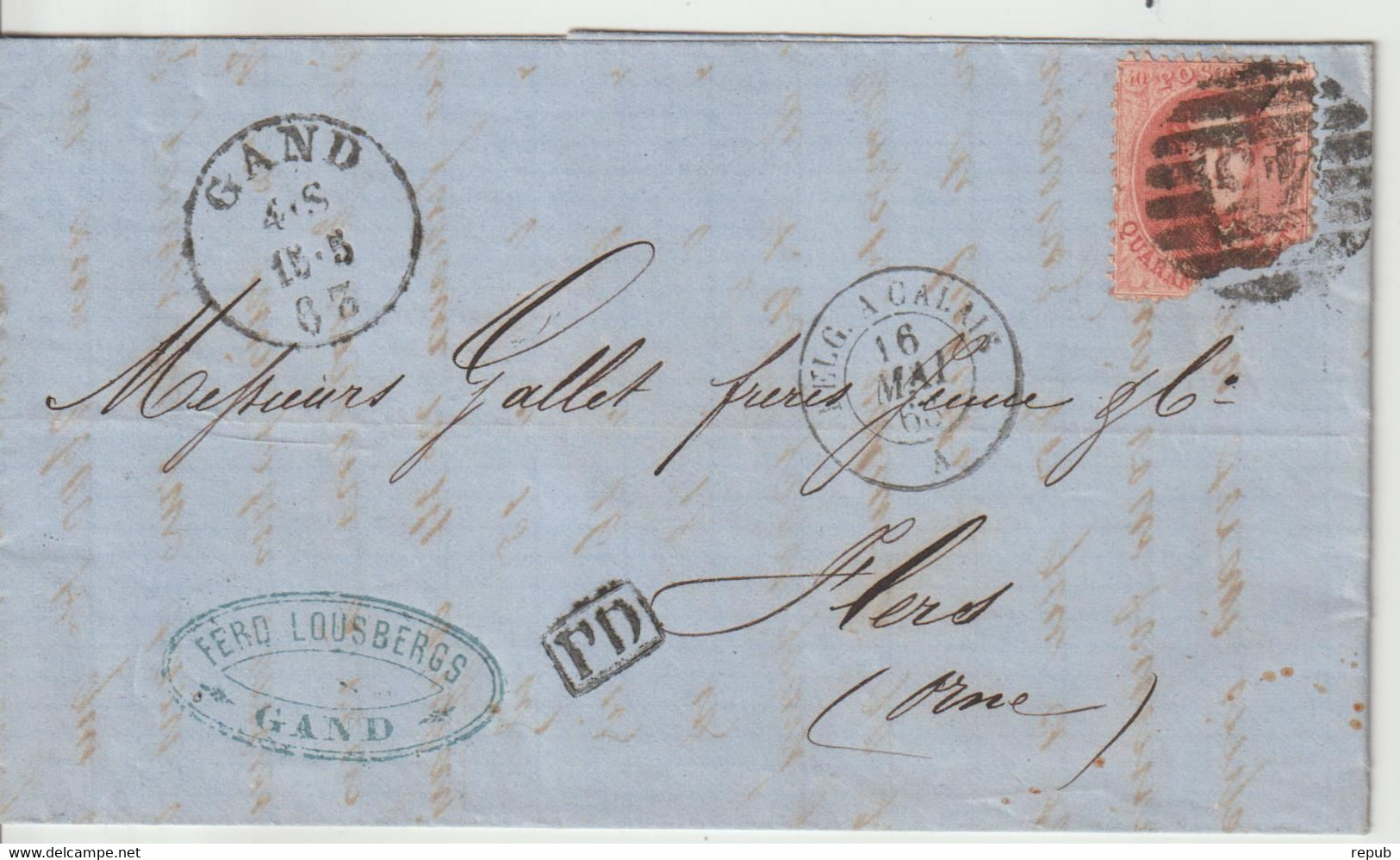 Belgique 1865 Lettre De Gand Pour La France Flers (61) Avec Passage Belg à Calais - Bureaux De Passage