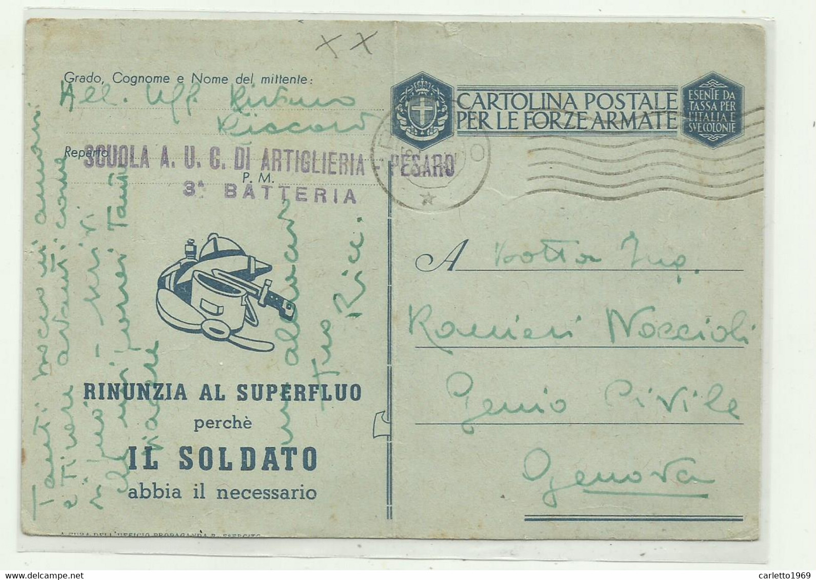 CARTOLINA FORZE ARMATE - SCUOLA A.U.C. DI ARTIGLIERIA PESARO 3 BATTERIA  1942 - Franquicia