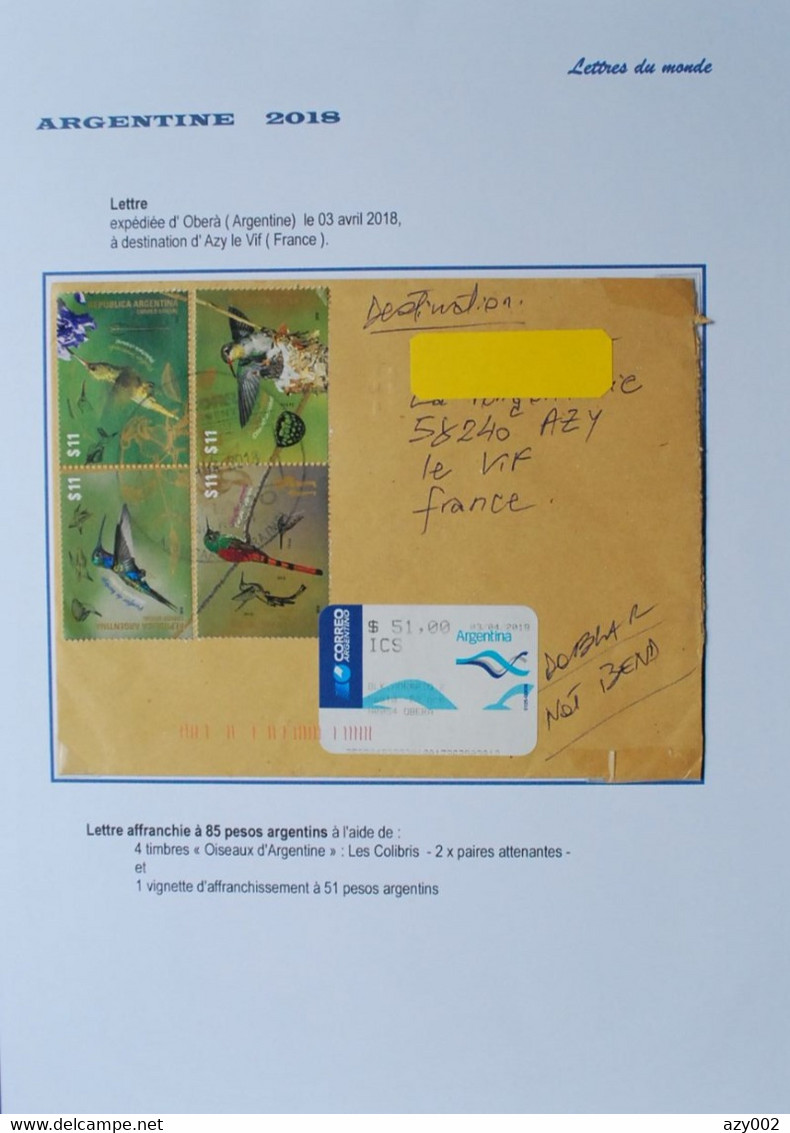 ARGENTINE 2018 - Belle Enveloppe Pour La France Affranchie Par 4 Timbres Oiseaux : Colibris + Vignette Affranchissement - Lettres & Documents