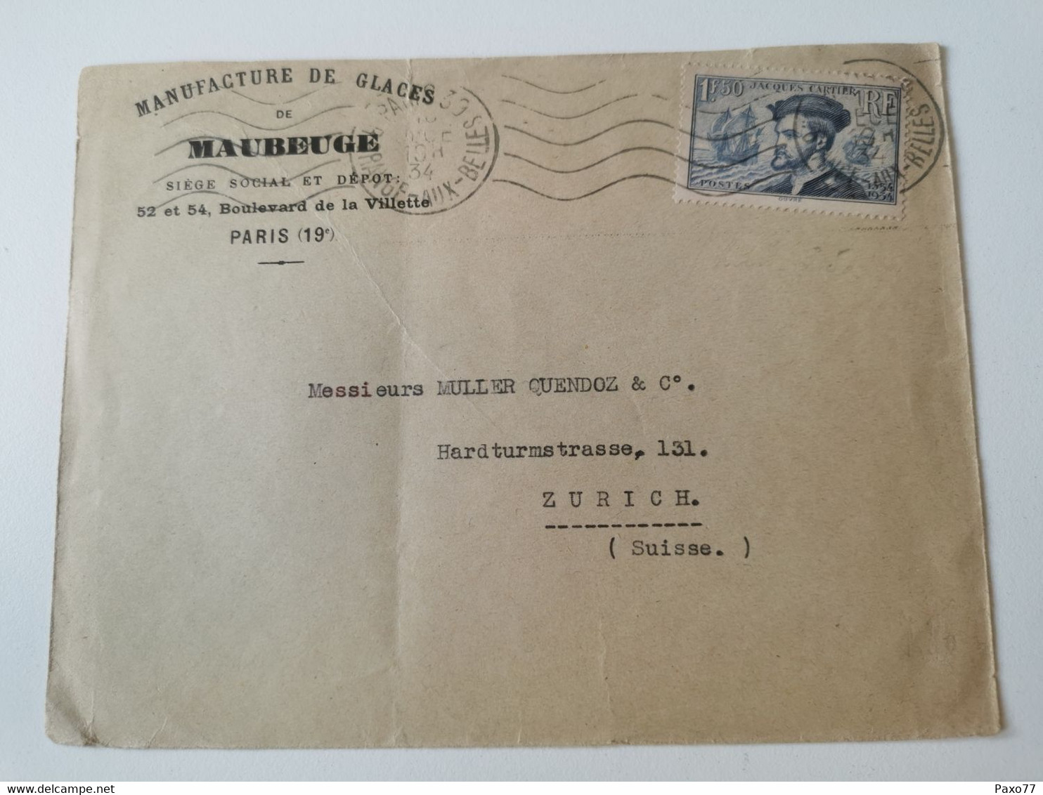 Enveloppe,  Manufacture De Glaces De Maubeuge.  Oblitéré 1934 Envoyé à Zurich - Storia Postale