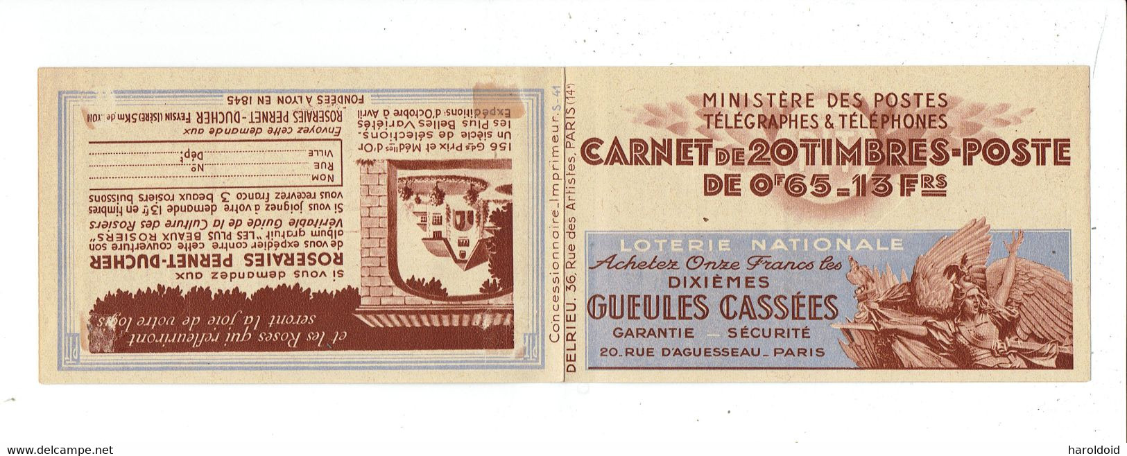 CARNET PUB N°365 C 7 - TYPE PAIX 65 CTS BLEU - COIN DATE 18/7/38 - QUELQUES PETITES ADHERENCES DE STOCKAGE - 1938 - Vecchi : 1906-1965