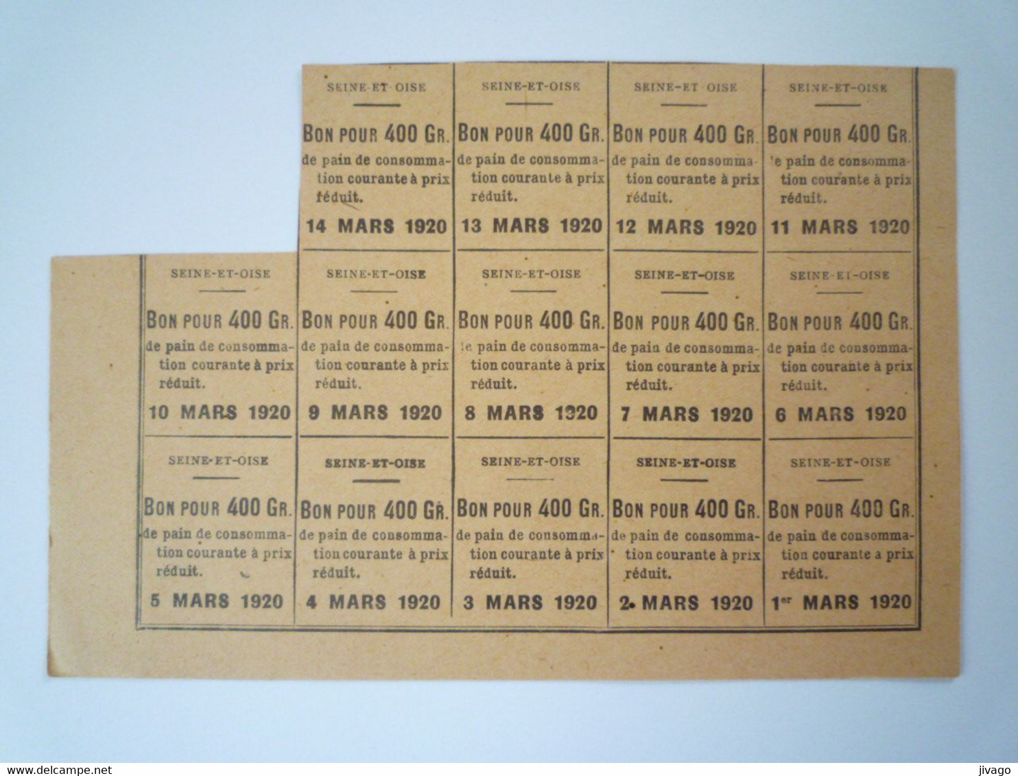 2022 - 3506  CARTE DE RATIONNEMENT  1920  Seine-et-Oise   BONS Pour  400 Gr  De PAIN   XXX - Non Classés