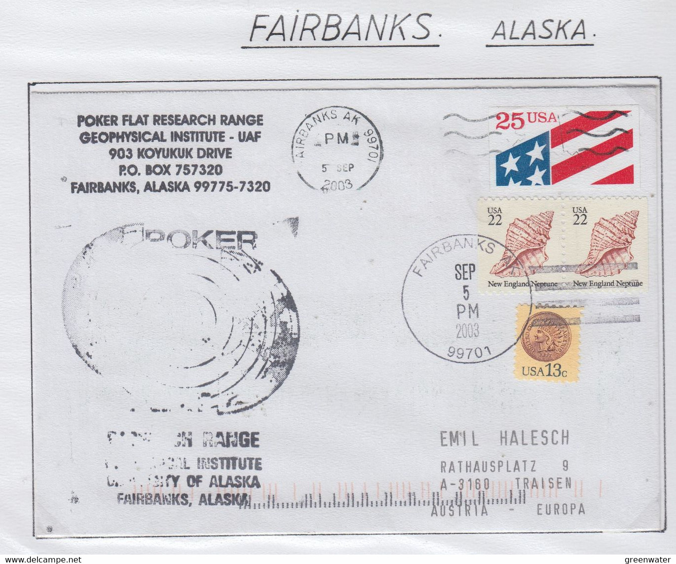 Alaska 2003 Cover Poker Flat Research Range Geophysical Institute Ca Fairbanks SEP 5 2003 (FB169) - Amérique Du Nord