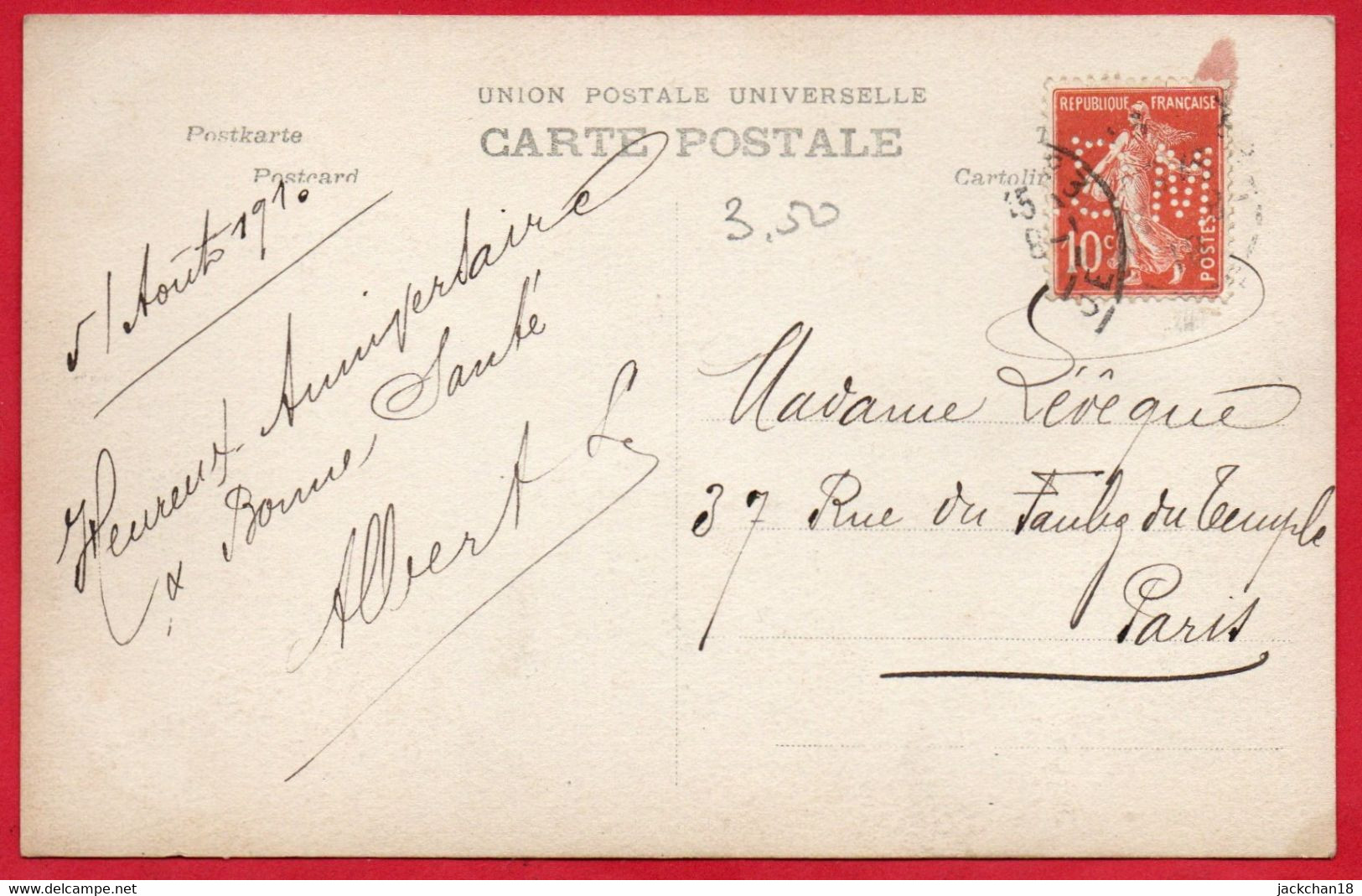 -- SEMEUSE 10 Ct  / PERFORE  G.M  / Sur CARTE FANTAISIE ANNIVERSAIRE -- - Storia Postale