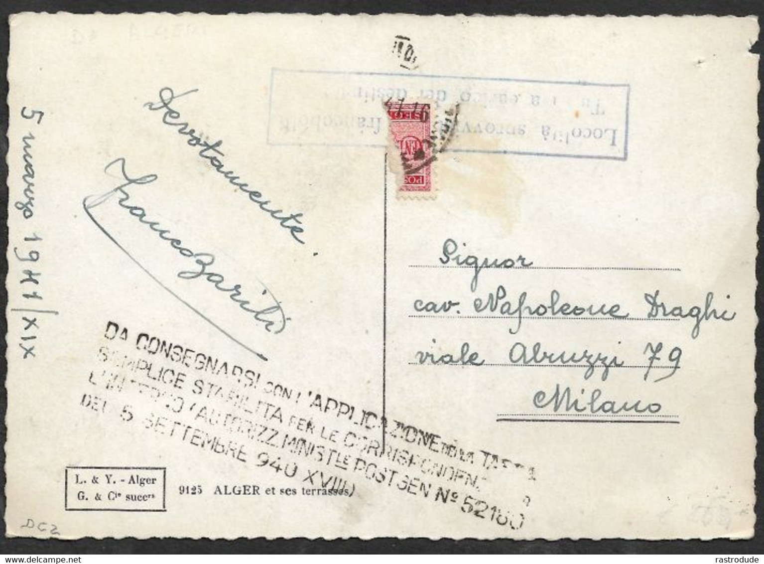 1941 RARE - ITALIAN OCCUPATION FRANCE - ALGERIA ALGER - LOCOLITÀ SPROVVISTO DI FRANCOBOLLI - Other & Unclassified