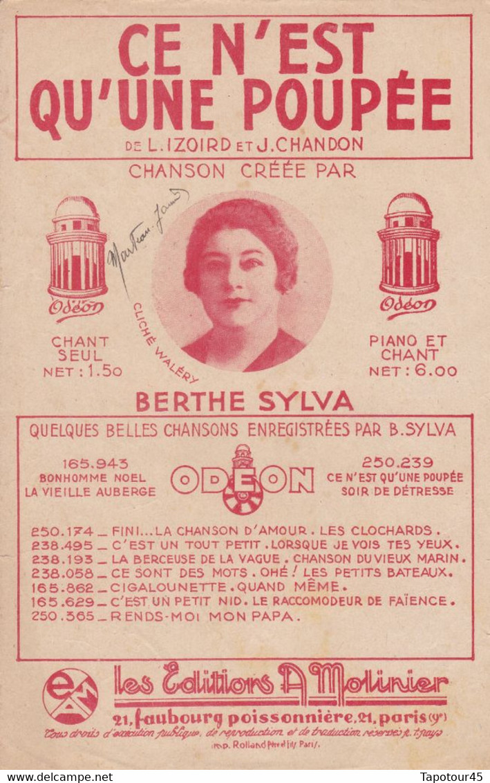 Ce N Est Qu'une Poupée	Chanteur	Berthe Sylva 	Partition Musicale Ancienne > 	24/8/22 - Chant Soliste