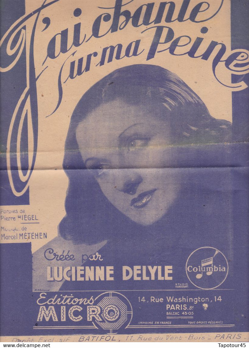 J'ai Chanté Sur Ma Peine 	Chanteur	Lucienne Delyle	Partition Musicale Ancienne > 	24/8/22 - Vocals