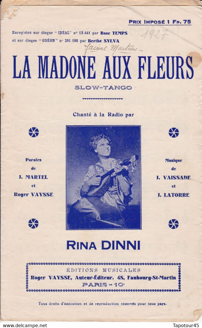 La Madone Aux Fleurs	Chanteur	Rina Dinni	Partition Musicale Ancienne > 	24/8/22 - Gesang (solo)