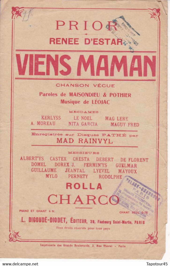 Viens Maman 	Chanteur	Renée D'Estar	Partition Musicale Ancienne > 	24/8/22 - Chant Soliste