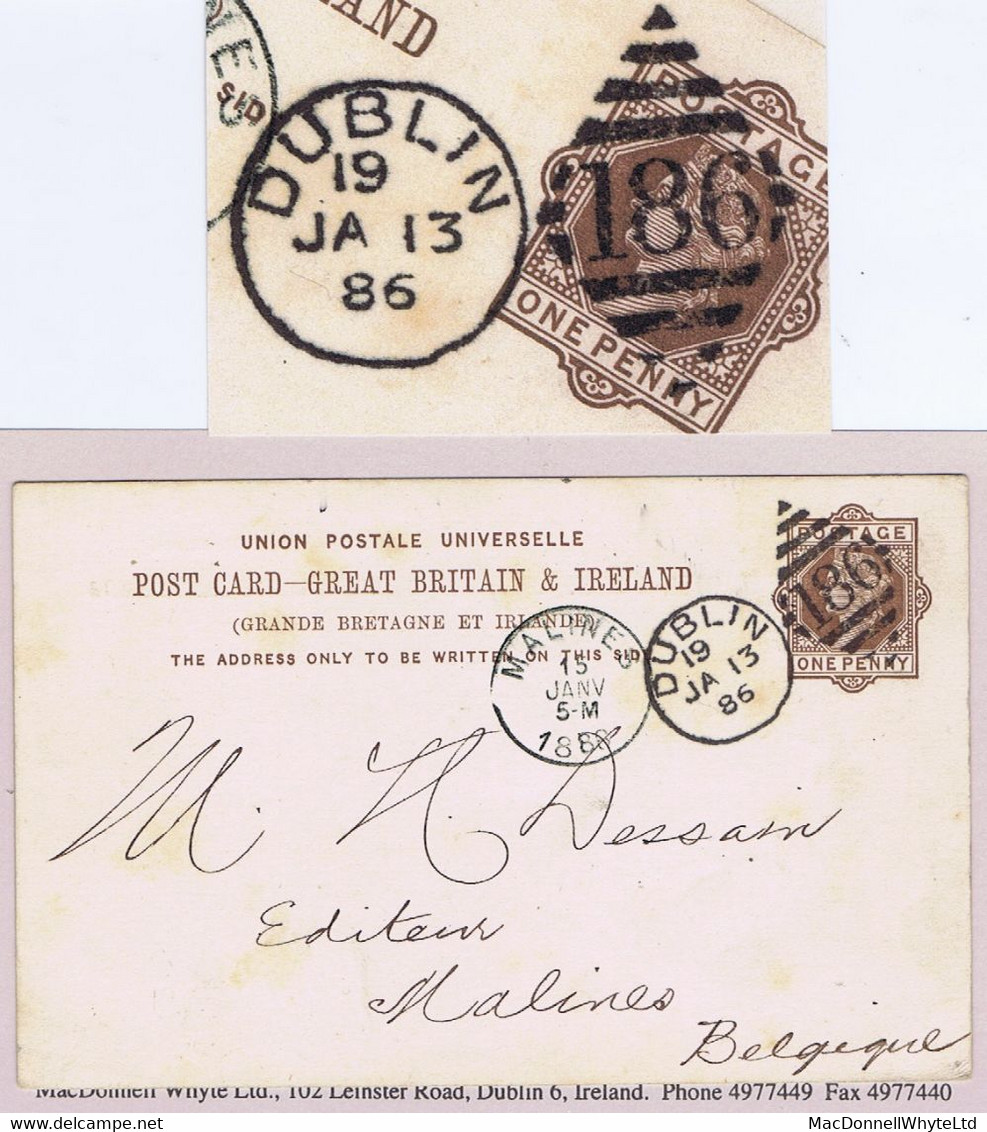 Ireland 1886 Q Victoria UPU 1d Brown Post Card Used To Belgium Cancelled DUBLIN/186 Duplex For JA 13 - Enteros Postales