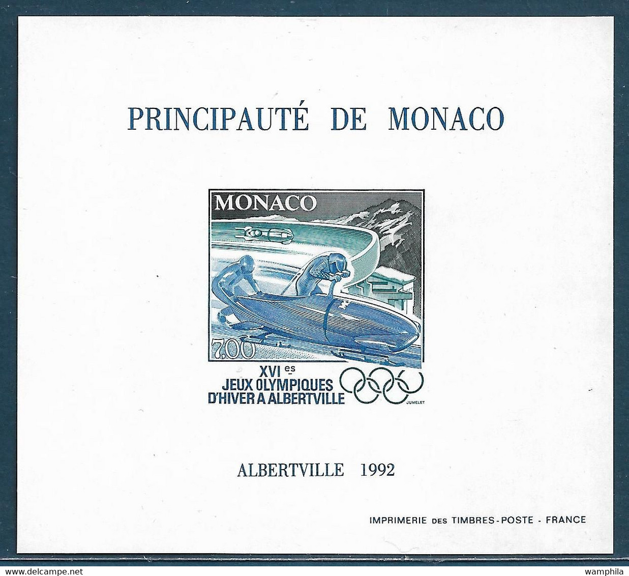 Monaco  Bloc 17a** Non Dentelé, J.O D'Albertville, Bobsleigh à Deux. Cote 200€ - Hiver 1992: Albertville