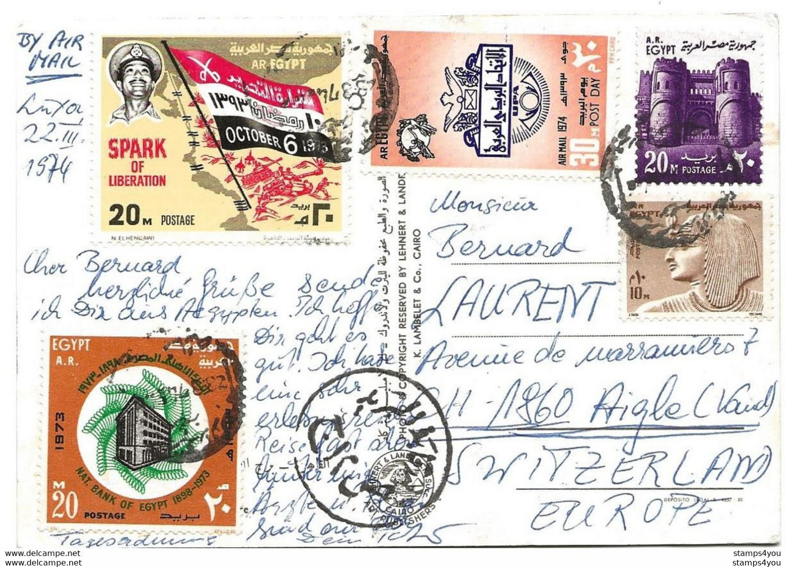 281 - 6 - Carte Envoyée D'Egypte En Suisse 1974 - Léger Pli Vertical - Storia Postale