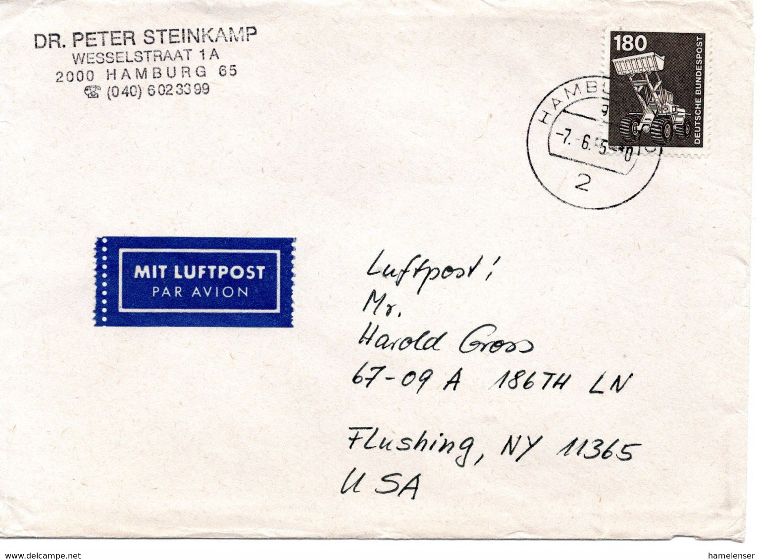 60623 - Bund - 1985 - 180Pfg I&T EF A LpBf HAMBURG -> Flushing, NY (USA) - Covers & Documents