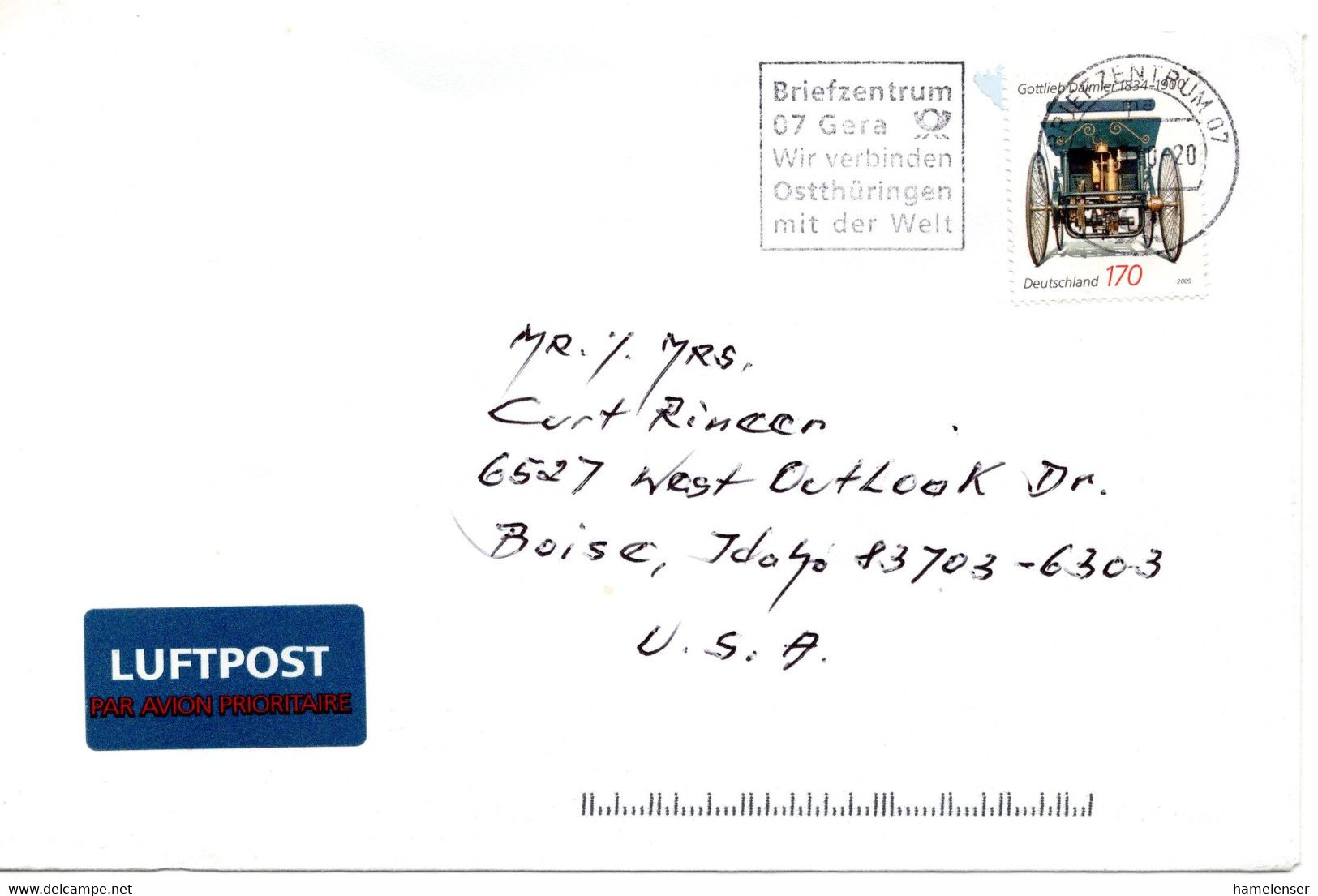 60631 - Bund - 2010 - 170c Daimler EF A LpBf BRIEFZENTRUM 07 - ... -> Boise, ID (USA) - Storia Postale