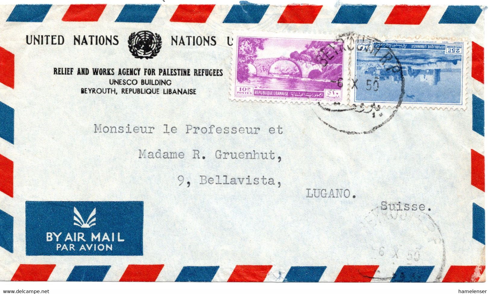 60637 - Libanon - 1950 - 25p Luftpost MiF A LpBf BEYROUTH -> Schweiz, Abs UN Relief Agency For Palestine Refugees - UNO