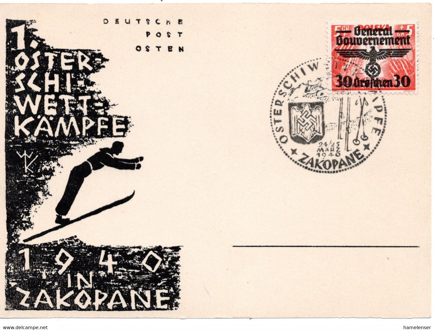 60639 - Deutschland / Generalgouvernement - 1940 - 30gr Aufdruck EF A Kte M SoStpl ZAKOPANE - OSTERSCHIWETTKAEMPFE - Ski