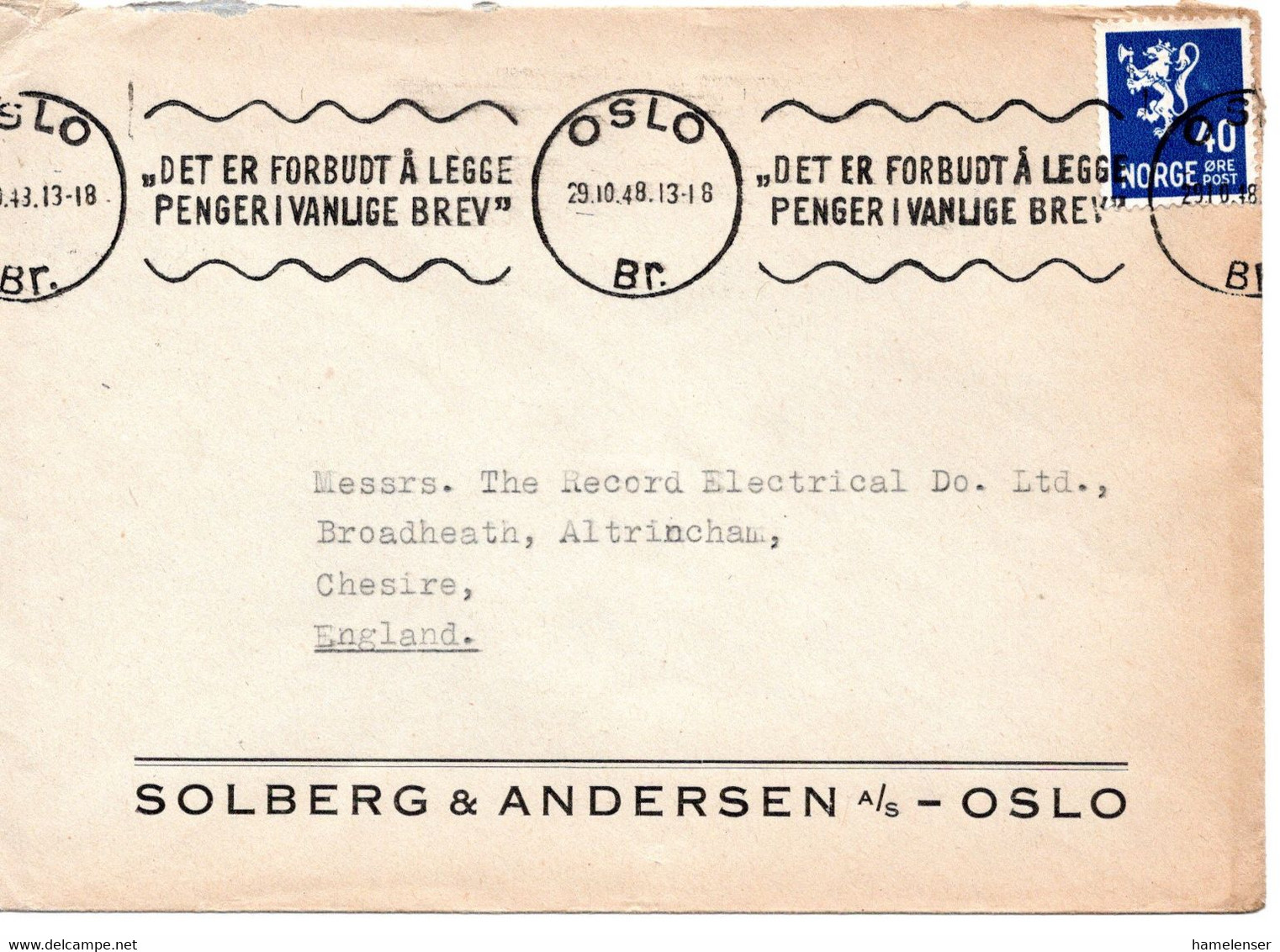 60645 - Norwegen - 1948 - 40o. Wappen EF A Bf OSLO - DET ER FORBUDT ... -> Grossbritannien - Covers & Documents