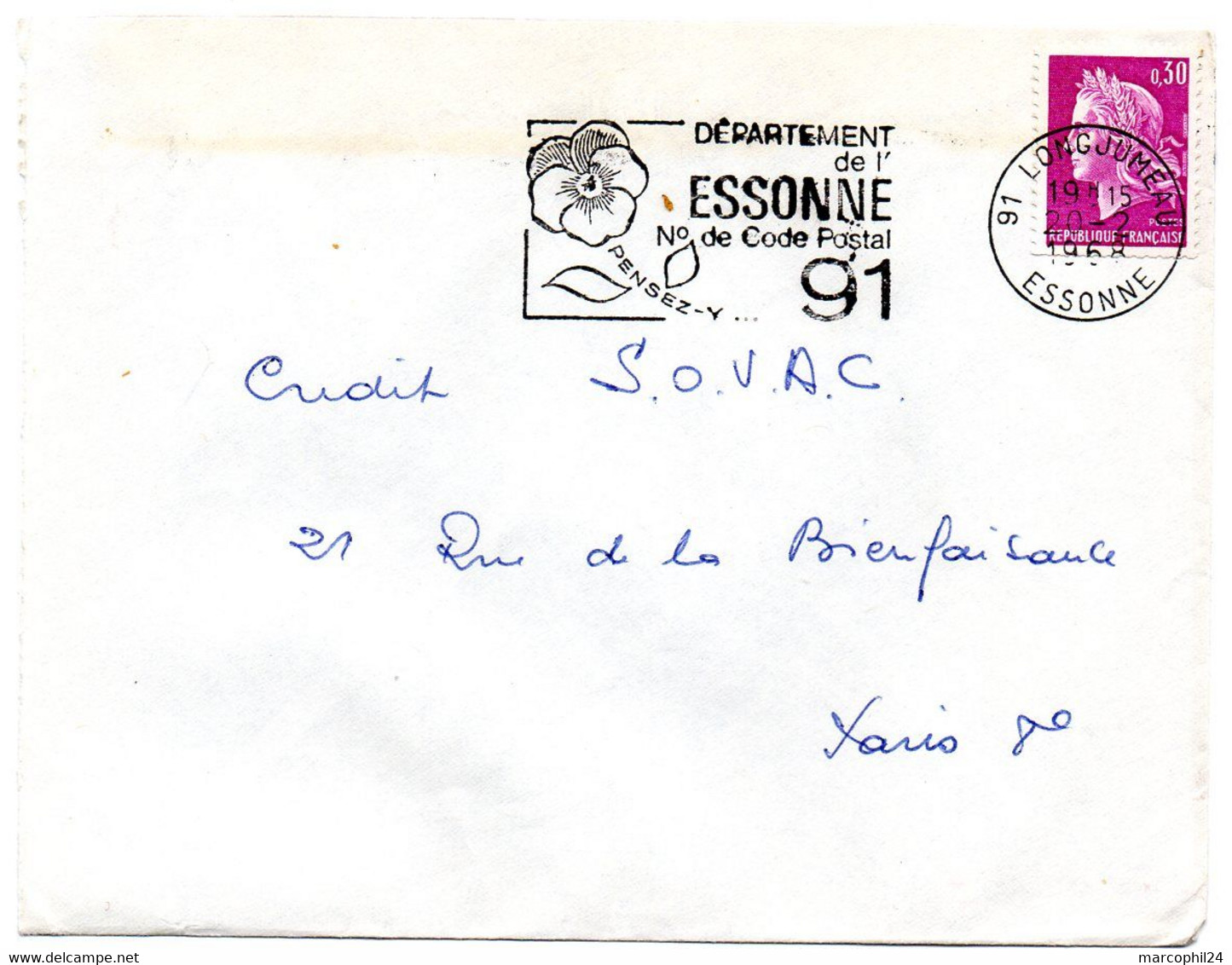 ESSONNE - Dépt N° 91 = LONGJUMEAU 1968 = FLAMME Codée = SECAP  ' N° De CODE POSTAL / PENSEZ-Y ' - Postcode