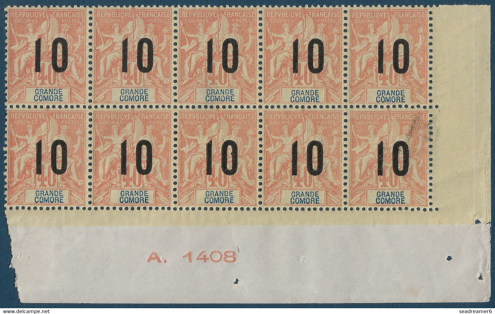 France Colonies Type Groupe Grande Comore Bloc De 10 Numéroté N°26Aa ** Variété 1 & 0 Espacés Tres Frais & TTB - Neufs