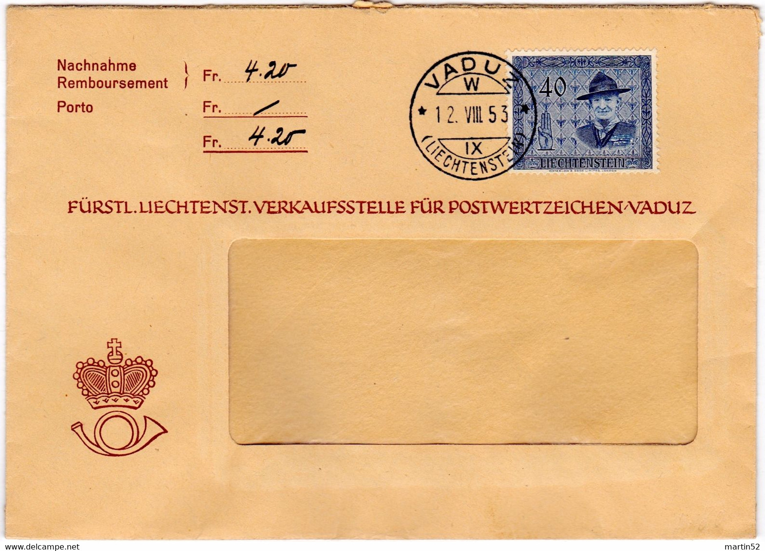 Liechtenstein 1953: Lord Baden-Powell Zu 262 Mi 318 Yv 280 Auf NN-Brief Mit O VADUZ 12.VIII.53 (Zu CHF 20.00) - Briefe U. Dokumente
