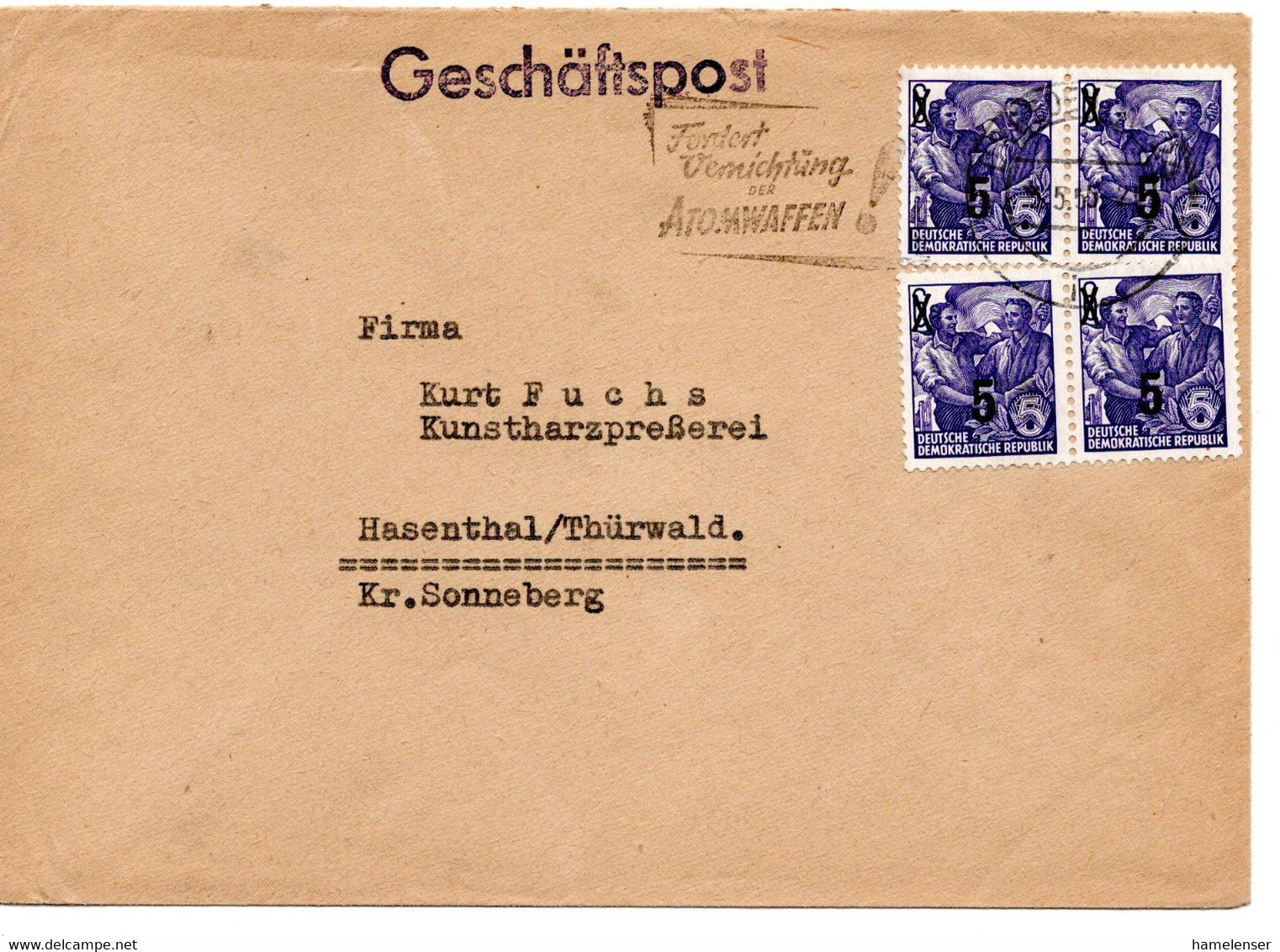 60653 - DDR - 1955 - 4@5Pfg Aufdruck A Bf DRESDEN - FORDERT VERNICHTUNG VON ATOMWAFFEN! -> Hasenthal - Covers & Documents