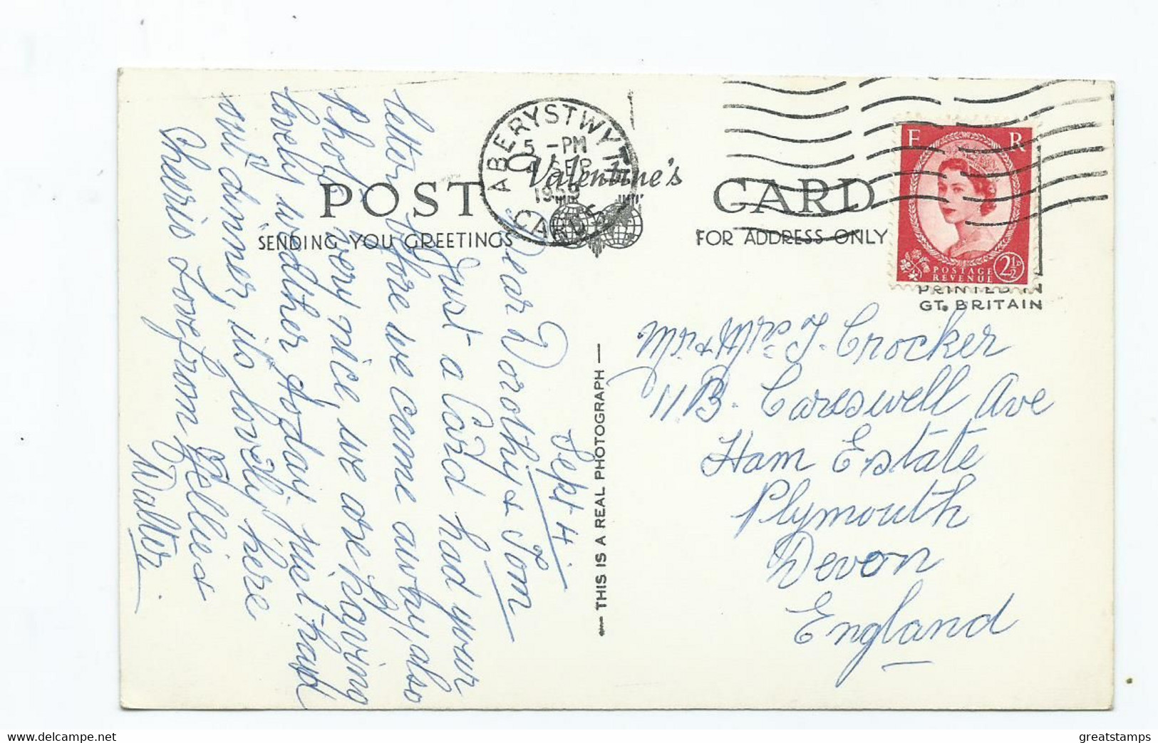 Wales   Postcard  Aberystwyth Rp Posted 1959 - Unknown County