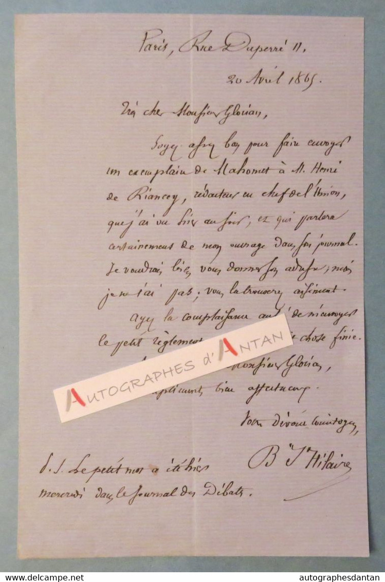 L.A.S 1865 Jules-Barthélémy SAINT HILAIRE Philosophe - Mahomet - Henri De Riancey - Lettre Autographe LAS - Writers