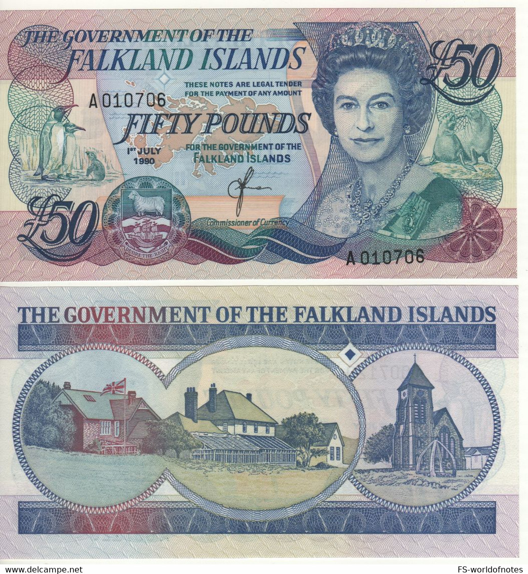 FALKLAND ISLANDS 50  Pounds P16  Dated 1.7. 1990  ( Queen Elizabeth II - Governor's House, Cathedral In Stanley ) - Falkland Islands