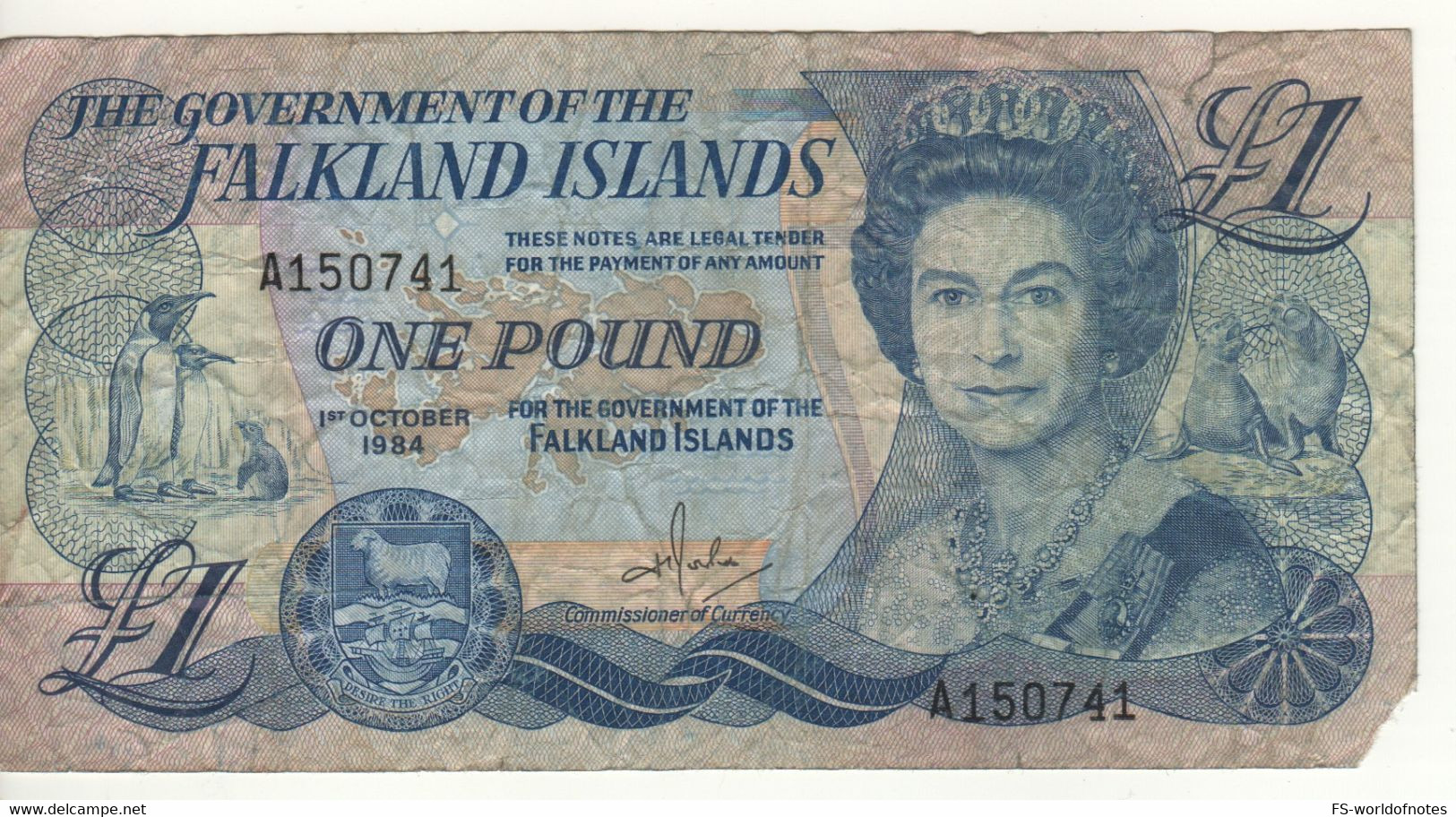 FALKLAND ISLANDS  1  Pounds P13  Dated 1.10. 1984  ( Queen Elizabeth II - Governor's House, Cathedral In Stanley) - Falkland