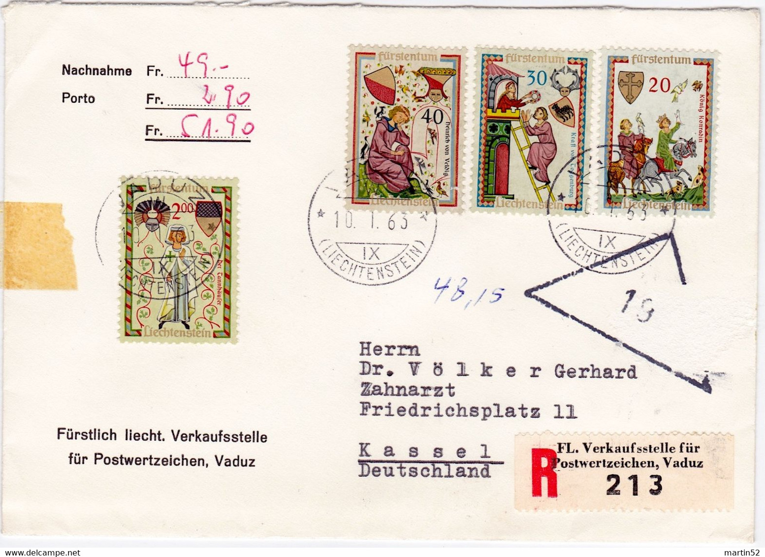 Liechtenstein 1963: "Minnesänger Ménestrels Minstrels" Zu 357-360 Mi 420-423 Yv 373-376 R-NN VADUZ 10.I.63 (Zu CHF 6.00) - Storia Postale