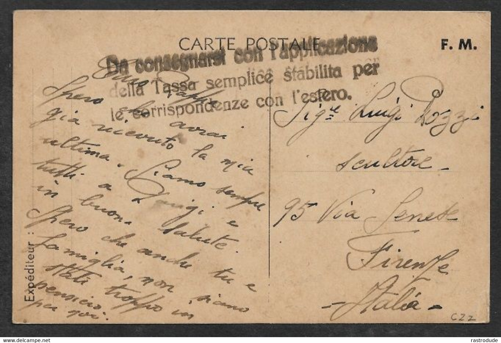 1940ca. ITALIAN OCCUPATION FRANCE - FRENCH F.M POSTCARD With RARE DA CONSEGNARSI CON APPLICAZIONE HANDSTAMP - Autres & Non Classés