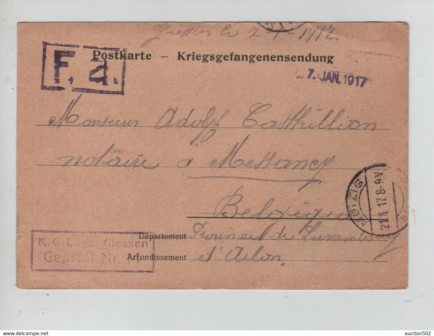 2208PR/ CP-PK PDG-POW Camp De Giessen 1917 F.a. Geprüft Giessen > Messancy C. D'arrivée Metzig - Prisonniers