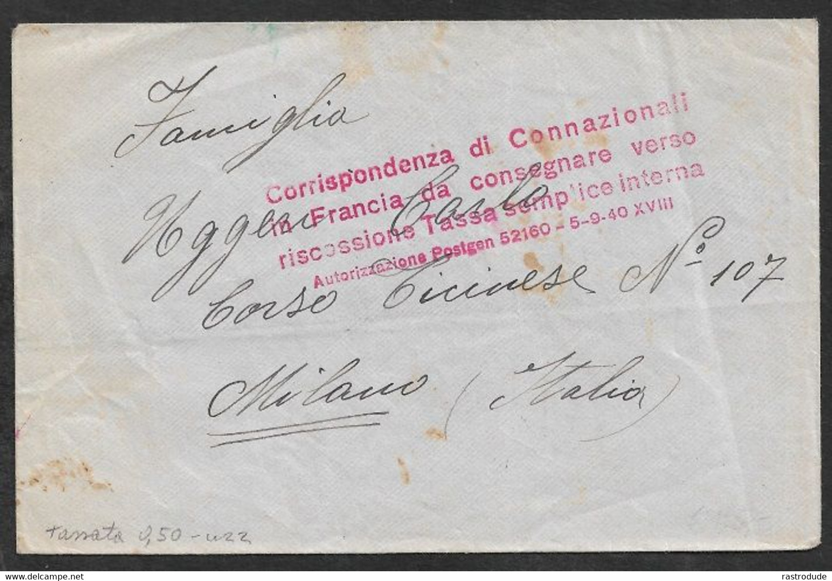 1940ca. ITALIAN OCCUPATION FRANCE -  RARE DA CONSEGNARSI CON APPLICAZIONE HANDSTAMP + POSTAGE DUE SEGNATASSA - Otros & Sin Clasificación