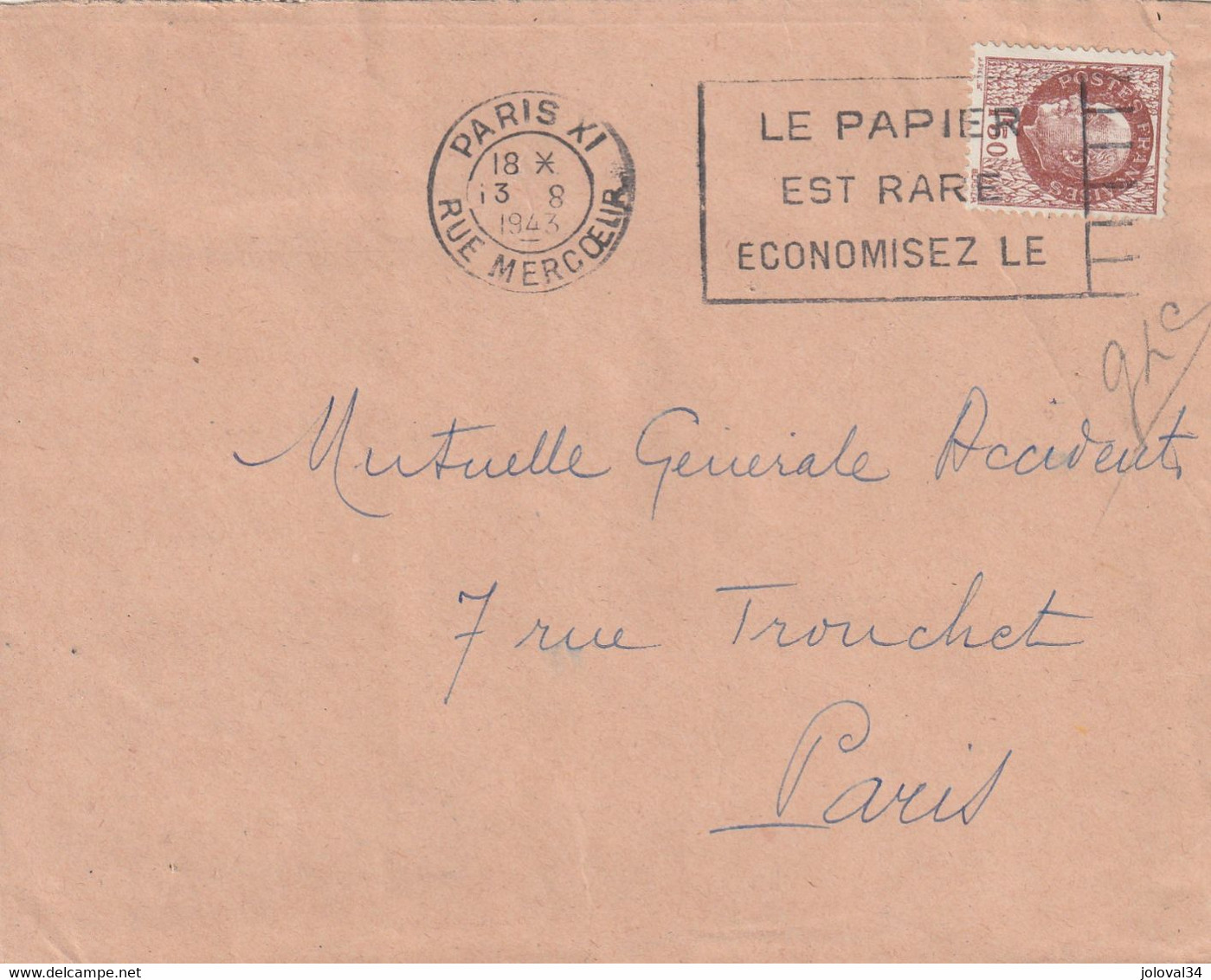 Yvert 516 Pétain Lettre Cachet Flamme PARIS XI Rue Mercoeur 13/8/1943 Le Papier Est Rare Verso Cachet Citroën Nation - Oorlog 1939-45