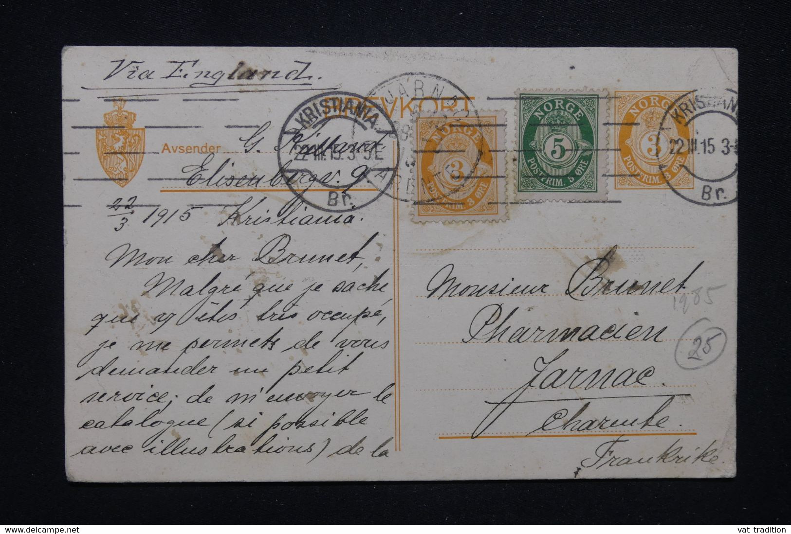 NORVÈGE - Entier Postal + Compléments De Kristiania En 1915 Pour La France - L 129932 - Enteros Postales