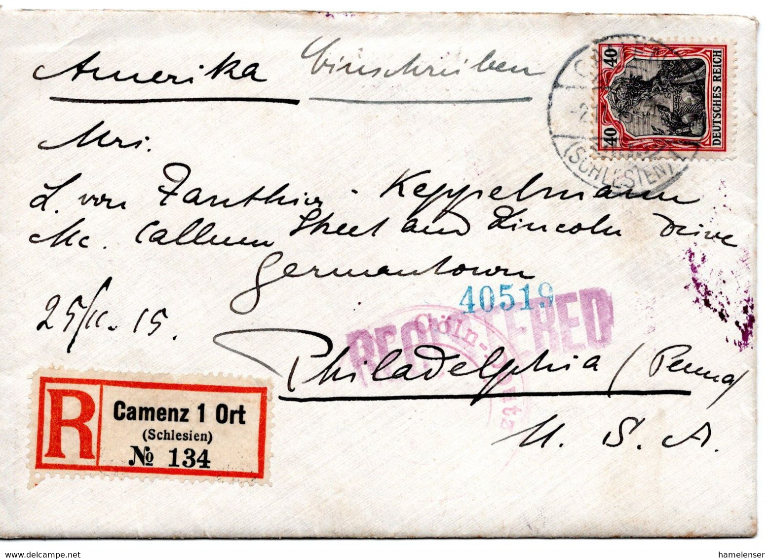 60675 - Deutsches Reich - 1915 - 40Pfg Germania EF A R-Bf M Dt Zensurstpl CAMENZ -> PHILADELPHIA, PA (USA) - Storia Postale