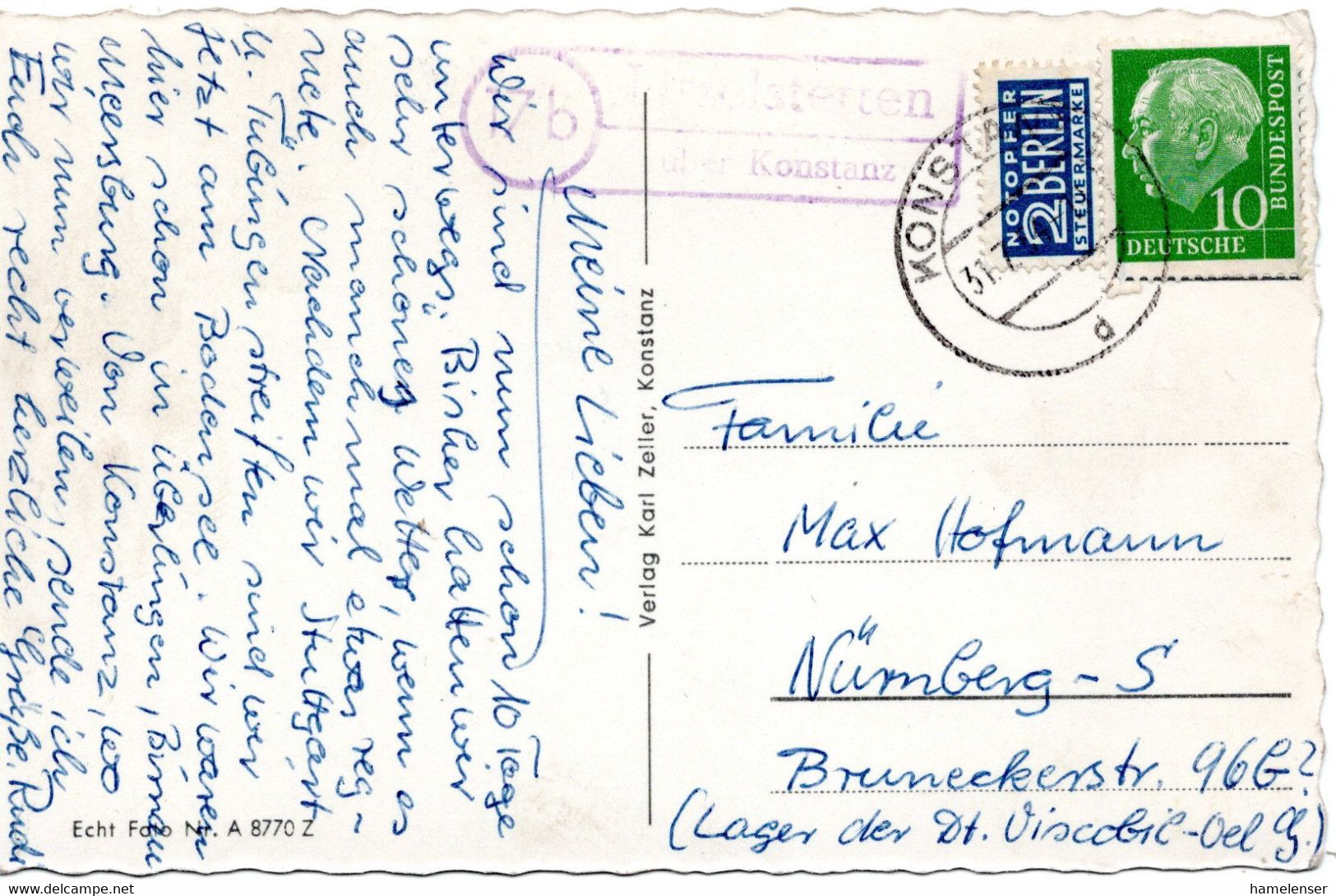 60676 - Bund - 1954 - 10Pfg Heuss I EF A AnsKte LITZELSTETTEN -> KONSTANZ -> Nuernberg - Storia Postale