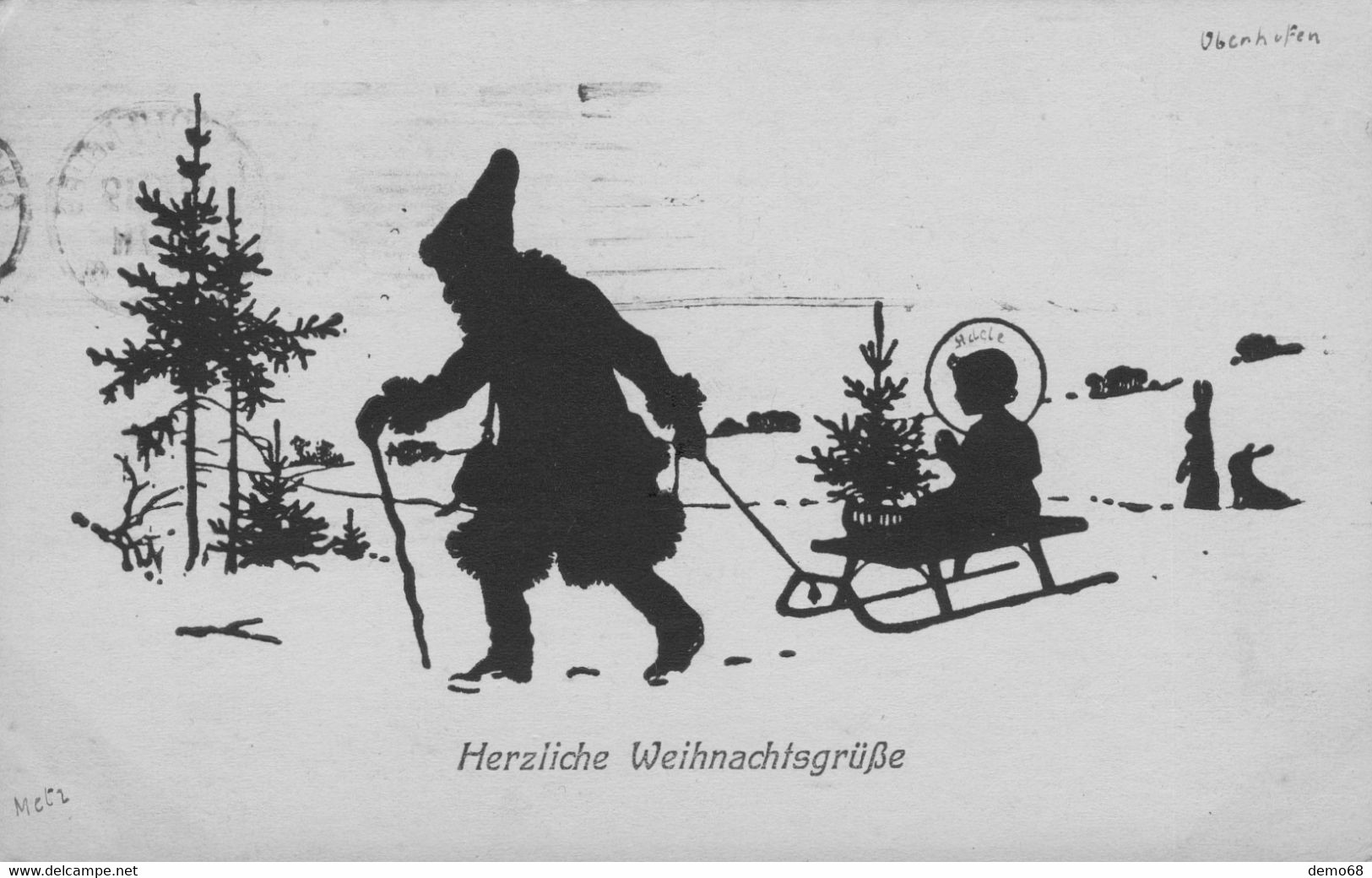 Fantaisie Père Noël Luge Lapin Neige Forêt Sapin Enfant Jésus Très Belle Litho Allemand 1919 - Autres & Non Classés