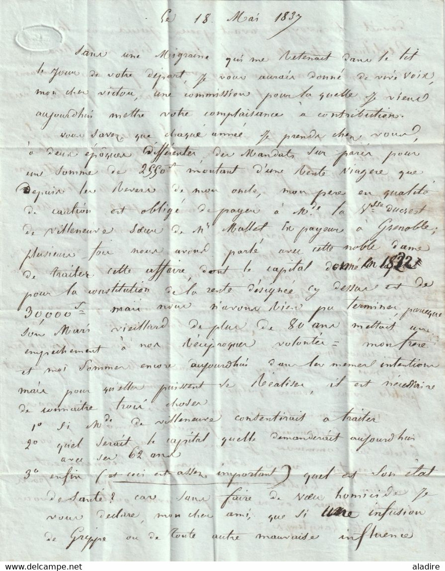 1837  - Lettre pliée avec corresp amicale de 3 p de RIVES, Isère vers PARIS - redirigée vers Luzarches, Val d'Oise