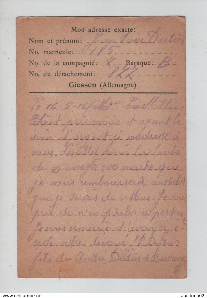 2214PR/ CP-PK PDG-POW Camp De Giessen 1916  Geprüft Giessen F.a.  > Messancy - Prisonniers